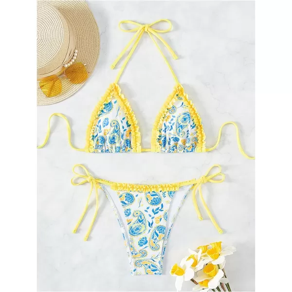 SweatyRocks Women's 2 Piece Triangle Bathing Suit Halter Top ​Tie Side Thong Bikini Swimsuits