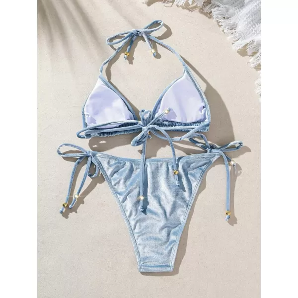 SweatyRocks Women's 2 Piece Triangle Bathing Suit Halter Top ​Tie Side Thong Bikini Swimsuits