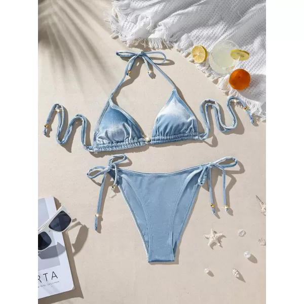 SweatyRocks Women's 2 Piece Triangle Bathing Suit Halter Top ​Tie Side Thong Bikini Swimsuits