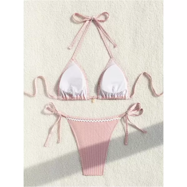 SweatyRocks Women's 2 Piece Triangle Bathing Suit Halter Top ​Tie Side Thong Bikini Swimsuits