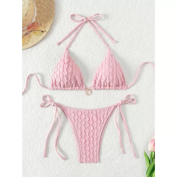 SweatyRocks Women's 2 Piece Triangle Bathing Suit Halter Top ​Tie Side Thong Bikini Swimsuits