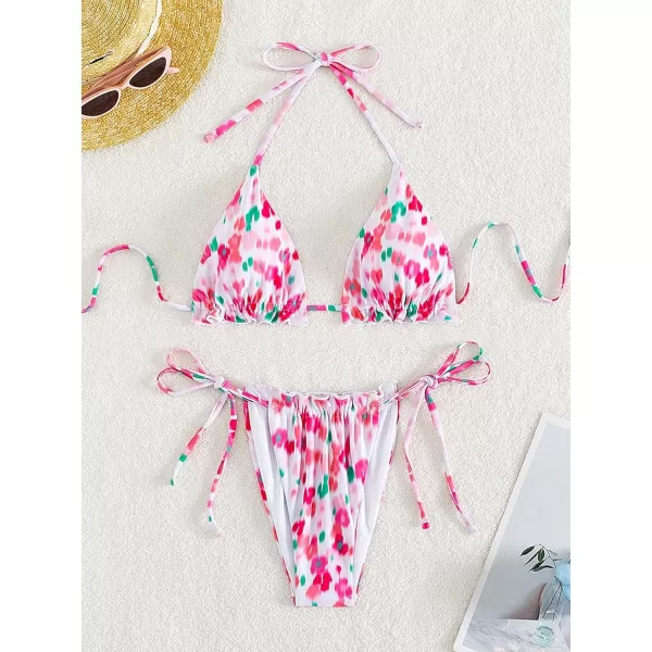 SweatyRocks Women's 2 Piece Triangle Bathing Suit Halter Top ​Tie Side Thong Bikini Swimsuits