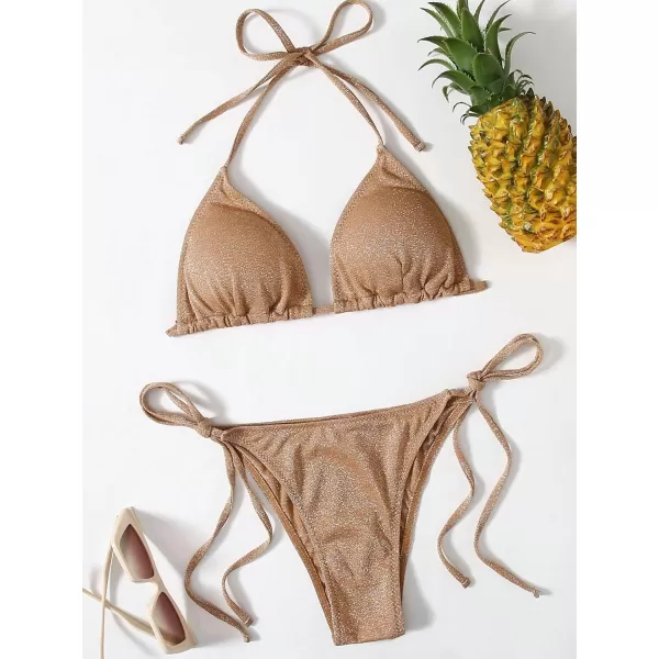 SweatyRocks Women's 2 Piece Triangle Bathing Suit Halter Top ​Tie Side Thong Bikini Swimsuits