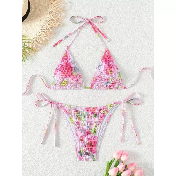 SweatyRocks Women's 2 Piece Triangle Bathing Suit Halter Top ​Tie Side Thong Bikini Swimsuits