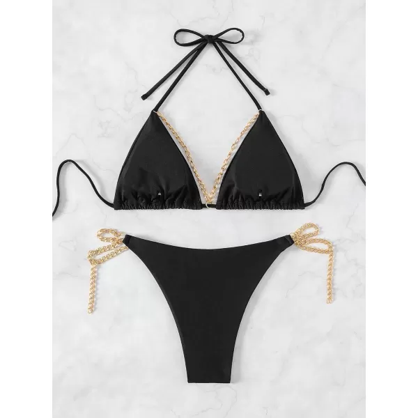 SweatyRocks Women's 2 Piece Triangle Bathing Suit Halter Top ​Tie Side Thong Bikini Swimsuits