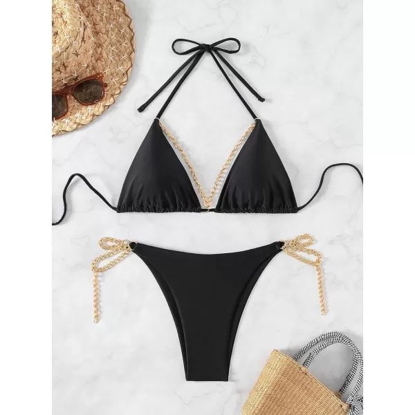 SweatyRocks Women's 2 Piece Triangle Bathing Suit Halter Top ​Tie Side Thong Bikini Swimsuits