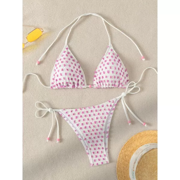SweatyRocks Women's 2 Piece Triangle Bathing Suit Halter Top ​Tie Side Thong Bikini Swimsuits