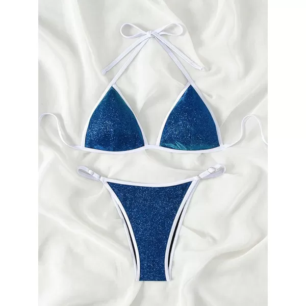 SweatyRocks Women's 2 Piece Triangle Bathing Suit Halter Top ​Tie Side Thong Bikini Swimsuits