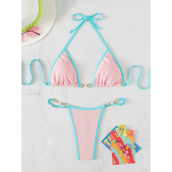 SweatyRocks Women's 2 Piece Triangle Bathing Suit Halter Top ​Tie Side Thong Bikini Swimsuits