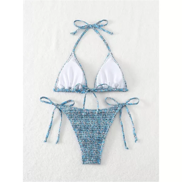 SweatyRocks Women's 2 Piece Triangle Bathing Suit Halter Top ​Tie Side Thong Bikini Swimsuits