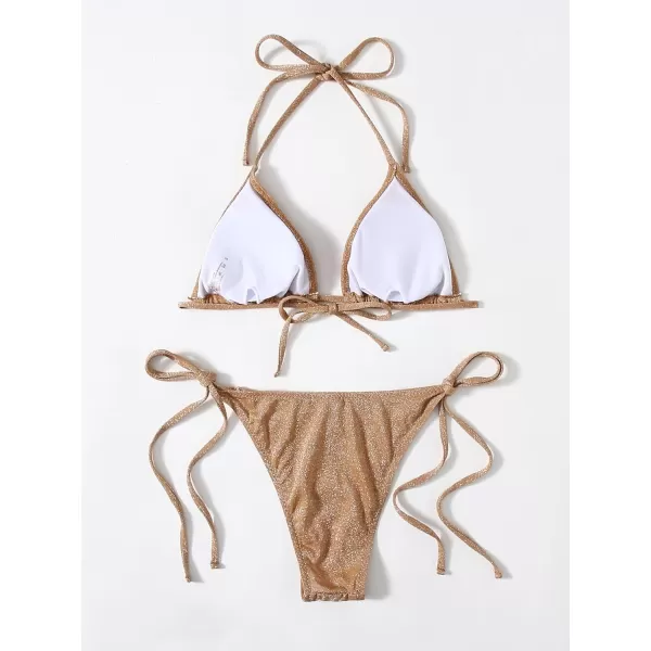 SweatyRocks Women's 2 Piece Triangle Bathing Suit Halter Top ​Tie Side Thong Bikini Swimsuits