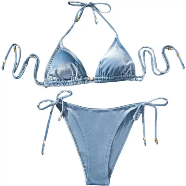 SweatyRocks Women's 2 Piece Triangle Bathing Suit Halter Top ​Tie Side Thong Bikini Swimsuits