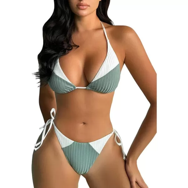 SweatyRocks Women's 2 Piece Triangle Bathing Suit Halter Top ​Tie Side Thong Bikini Swimsuits