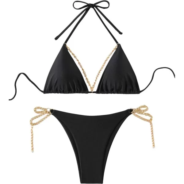 SweatyRocks Women's 2 Piece Triangle Bathing Suit Halter Top ​Tie Side Thong Bikini Swimsuits