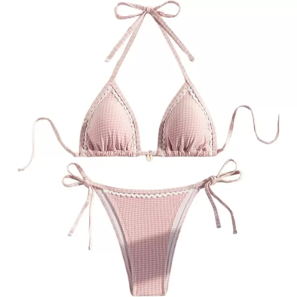 SweatyRocks Women's 2 Piece Triangle Bathing Suit Halter Top ​Tie Side Thong Bikini Swimsuits