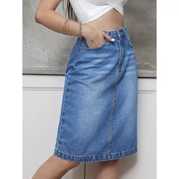 SweatyRocks Women's Casual High Waist Jean Skirt Split Back Straight Hem Knee Length Denim Skirts