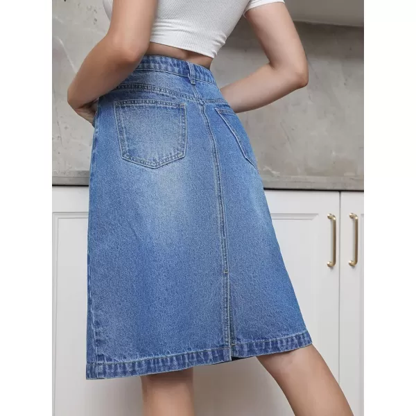 SweatyRocks Women's Casual High Waist Jean Skirt Split Back Straight Hem Knee Length Denim Skirts