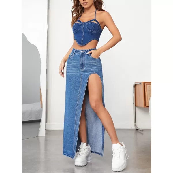 SweatyRocks Women's High Waist Split Thigh Maxi Denim Skirt Casual Zip Up Jean Skirts with Pockets