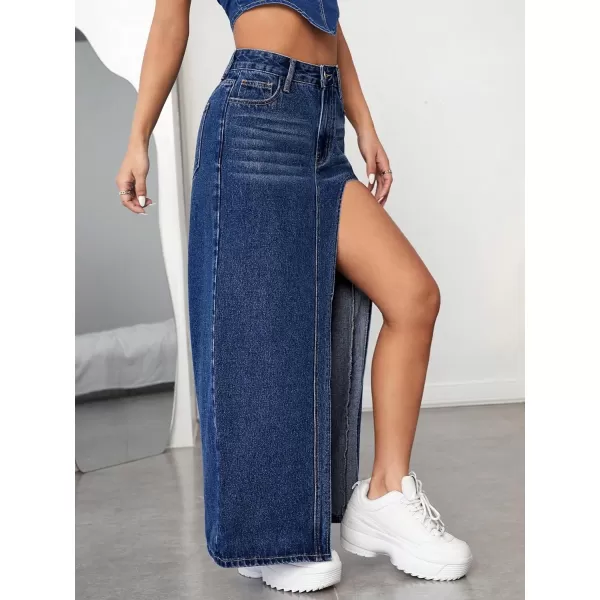 SweatyRocks Women's High Waist Split Thigh Maxi Denim Skirt Casual Zip Up Jean Skirts with Pockets