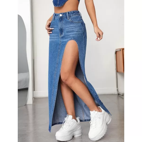 SweatyRocks Women's High Waist Split Thigh Maxi Denim Skirt Casual Zip Up Jean Skirts with Pockets