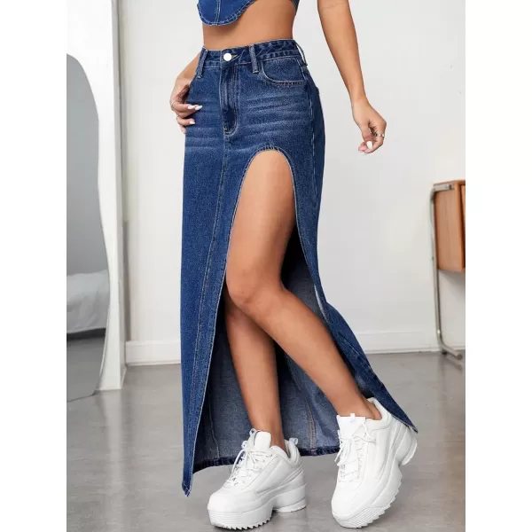 SweatyRocks Women's High Waist Split Thigh Maxi Denim Skirt Casual Zip Up Jean Skirts with Pockets