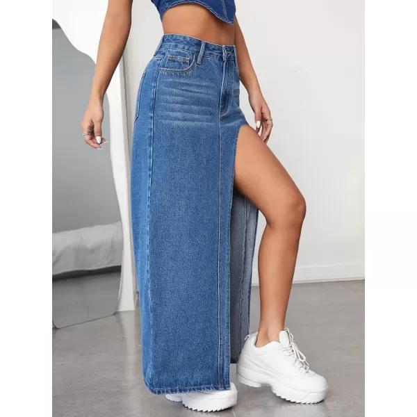 SweatyRocks Women's High Waist Split Thigh Maxi Denim Skirt Casual Zip Up Jean Skirts with Pockets