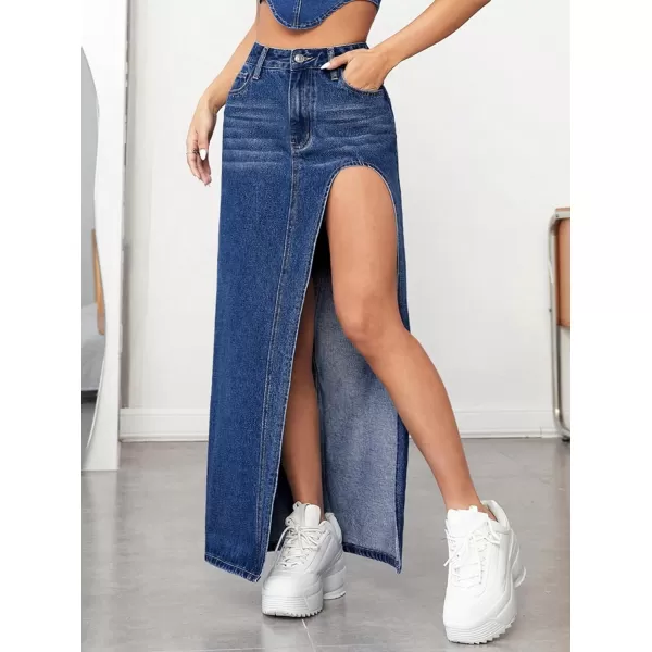 SweatyRocks Women's High Waist Split Thigh Maxi Denim Skirt Casual Zip Up Jean Skirts with Pockets