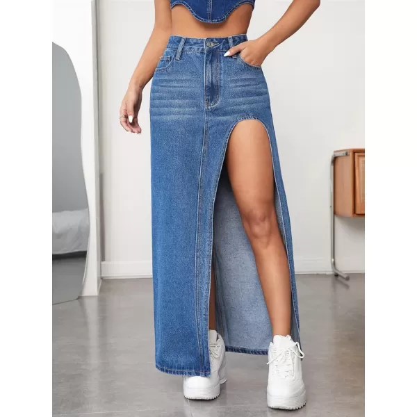 SweatyRocks Women's High Waist Split Thigh Maxi Denim Skirt Casual Zip Up Jean Skirts with Pockets