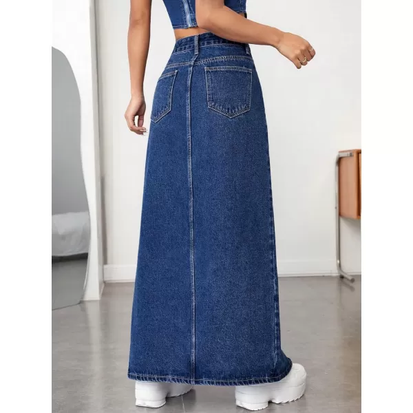 SweatyRocks Women's High Waist Split Thigh Maxi Denim Skirt Casual Zip Up Jean Skirts with Pockets