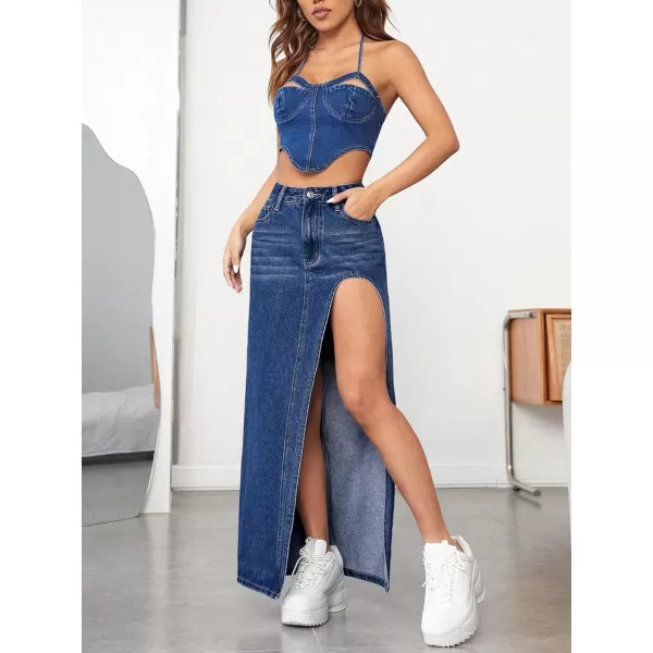 SweatyRocks Women's High Waist Split Thigh Maxi Denim Skirt Casual Zip Up Jean Skirts with Pockets