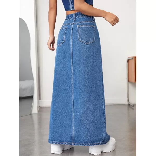 SweatyRocks Women's High Waist Split Thigh Maxi Denim Skirt Casual Zip Up Jean Skirts with Pockets