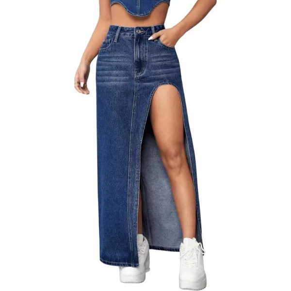 SweatyRocks Women's High Waist Split Thigh Maxi Denim Skirt Casual Zip Up Jean Skirts with Pockets