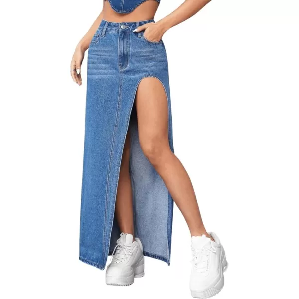 SweatyRocks Women's High Waist Split Thigh Maxi Denim Skirt Casual Zip Up Jean Skirts with Pockets