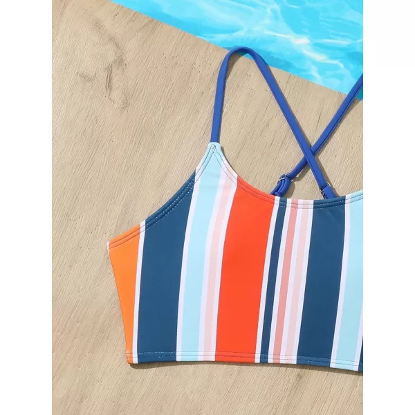 SweatyRocks Girl's 2 Piece Bathing Suits Striped Print Spaghetti Strap Criss Cross Bikini Set High Waist Swimsuit