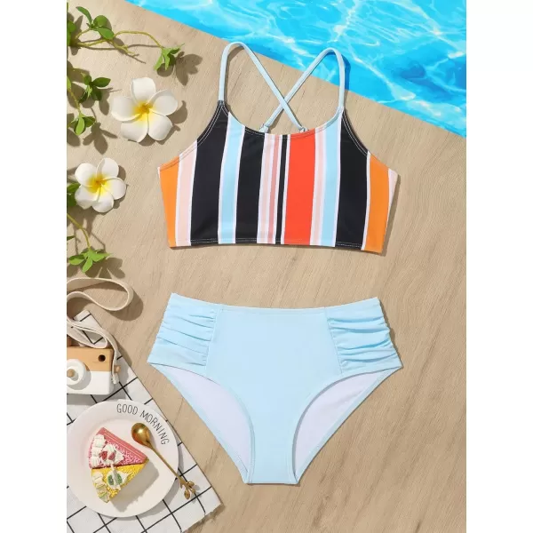 SweatyRocks Girl's 2 Piece Bathing Suits Striped Print Spaghetti Strap Criss Cross Bikini Set High Waist Swimsuit
