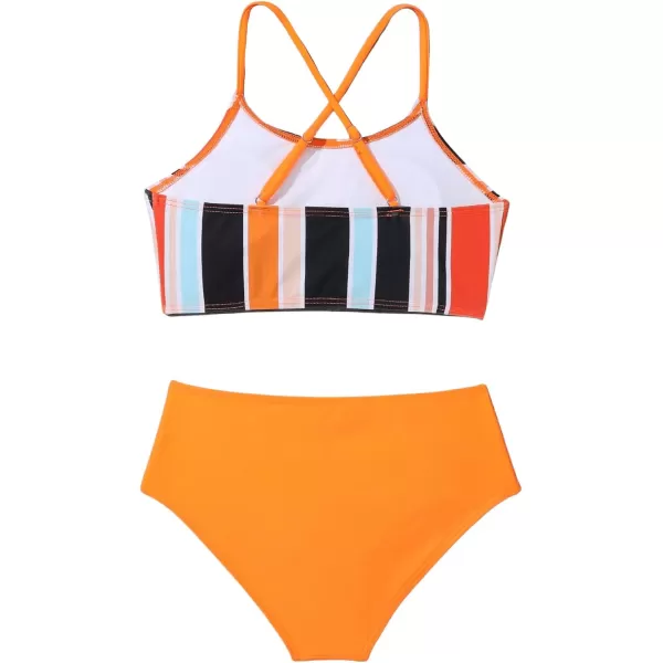 SweatyRocks Girl's 2 Piece Bathing Suits Striped Print Spaghetti Strap Criss Cross Bikini Set High Waist Swimsuit