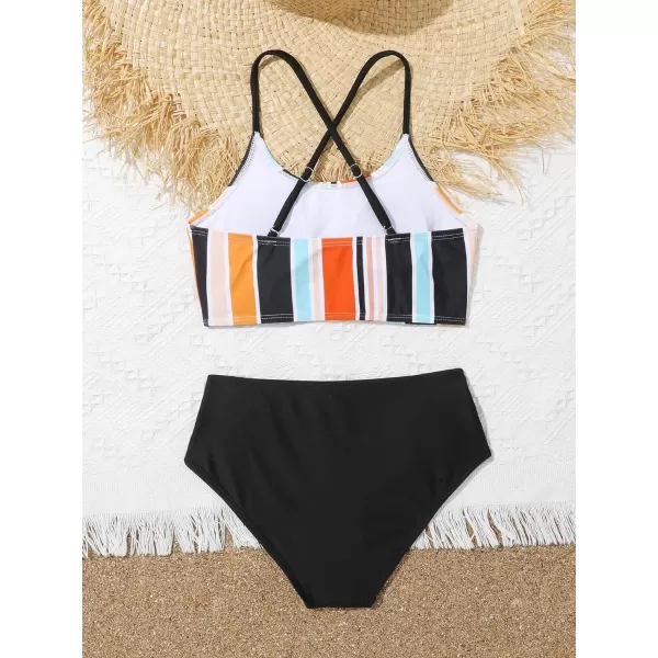 SweatyRocks Girl's 2 Piece Bathing Suits Striped Print Spaghetti Strap Criss Cross Bikini Set High Waist Swimsuit