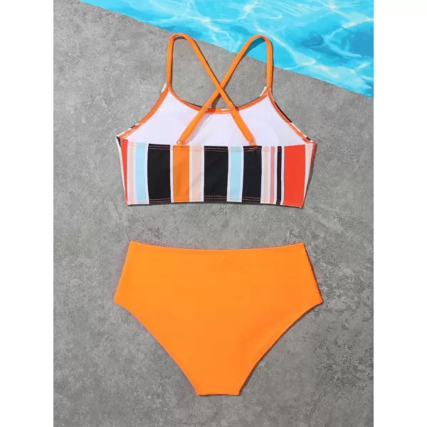 SweatyRocks Girl's 2 Piece Bathing Suits Striped Print Spaghetti Strap Criss Cross Bikini Set High Waist Swimsuit