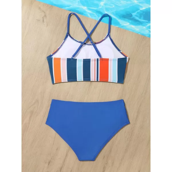 SweatyRocks Girl's 2 Piece Bathing Suits Striped Print Spaghetti Strap Criss Cross Bikini Set High Waist Swimsuit