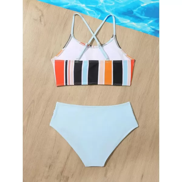 SweatyRocks Girl's 2 Piece Bathing Suits Striped Print Spaghetti Strap Criss Cross Bikini Set High Waist Swimsuit