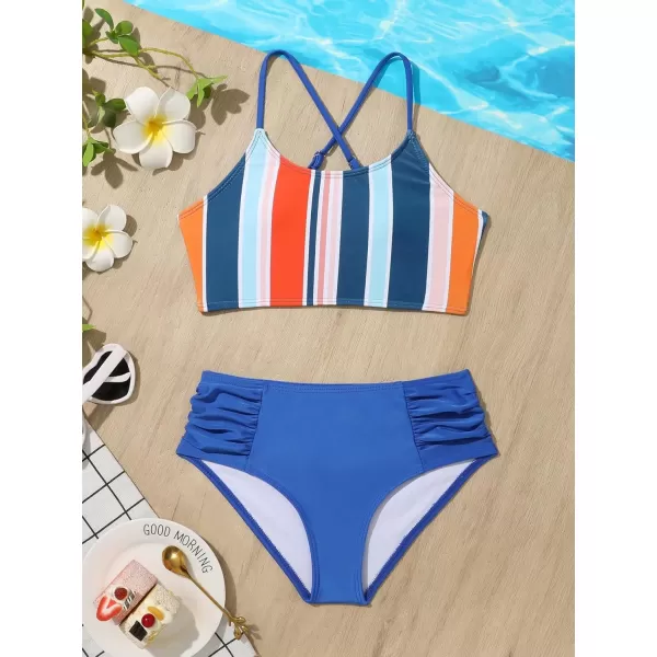 SweatyRocks Girl's 2 Piece Bathing Suits Striped Print Spaghetti Strap Criss Cross Bikini Set High Waist Swimsuit