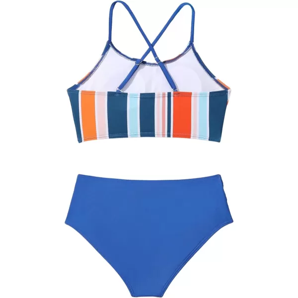 SweatyRocks Girl's 2 Piece Bathing Suits Striped Print Spaghetti Strap Criss Cross Bikini Set High Waist Swimsuit