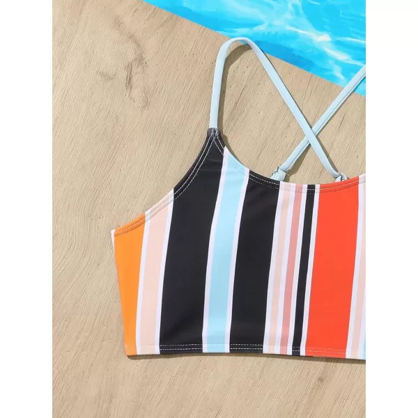 SweatyRocks Girl's 2 Piece Bathing Suits Striped Print Spaghetti Strap Criss Cross Bikini Set High Waist Swimsuit
