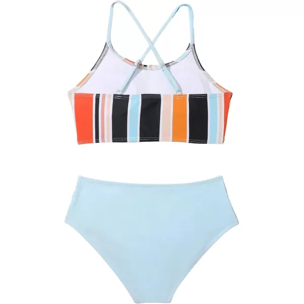 SweatyRocks Girl's 2 Piece Bathing Suits Striped Print Spaghetti Strap Criss Cross Bikini Set High Waist Swimsuit