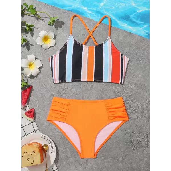 SweatyRocks Girl's 2 Piece Bathing Suits Striped Print Spaghetti Strap Criss Cross Bikini Set High Waist Swimsuit