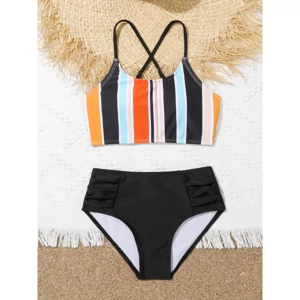 SweatyRocks Girl's 2 Piece Bathing Suits Striped Print Spaghetti Strap Criss Cross Bikini Set High Waist Swimsuit