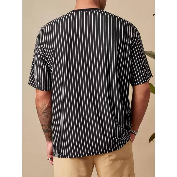SweatyRocks Men's Heavyweight Striped Print Round Neck T Shirt Short Sleeve Drop Shoulder Casual Basic Loose Tops