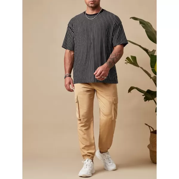 SweatyRocks Men's Heavyweight Striped Print Round Neck T Shirt Short Sleeve Drop Shoulder Casual Basic Loose Tops