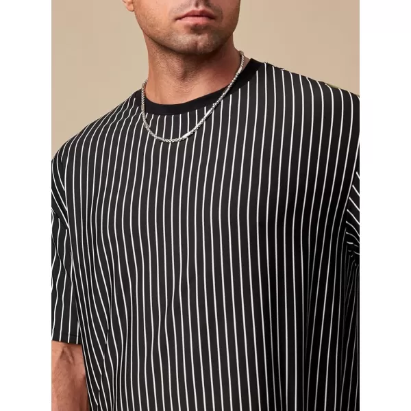 SweatyRocks Men's Heavyweight Striped Print Round Neck T Shirt Short Sleeve Drop Shoulder Casual Basic Loose Tops