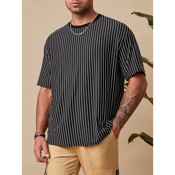 SweatyRocks Men's Heavyweight Striped Print Round Neck T Shirt Short Sleeve Drop Shoulder Casual Basic Loose Tops